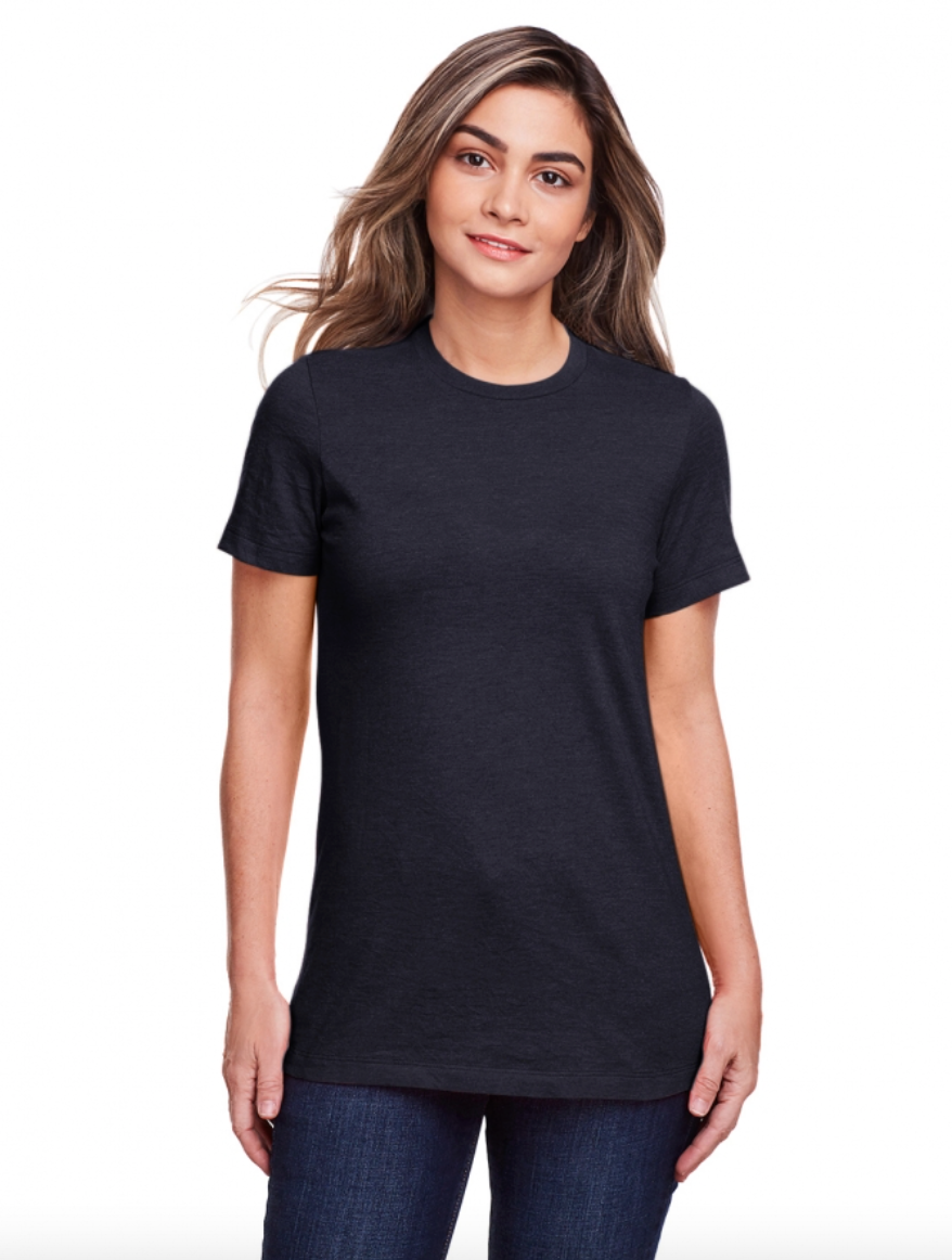 Woman wearing a black t-shirt on a white background