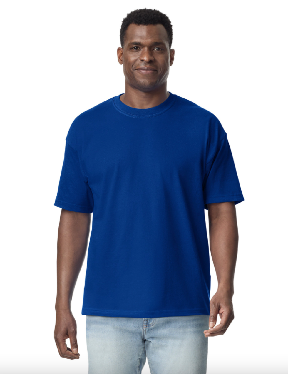 Man wearing a blue t-shirt on a white background