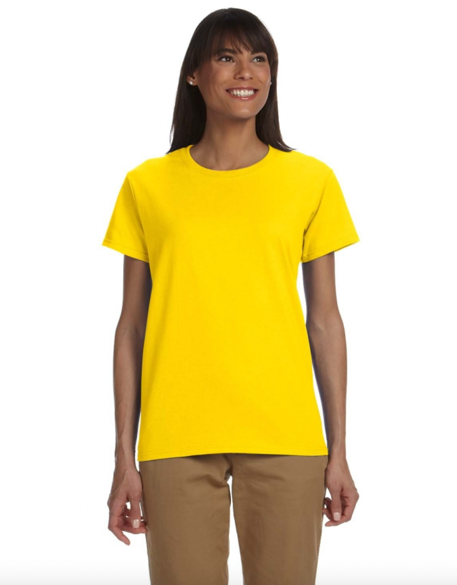 Woman wearing a yellow t-shirt on a white background