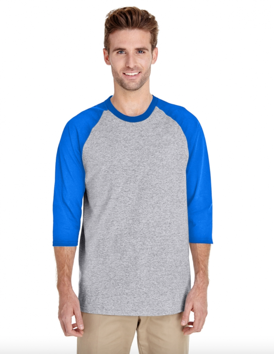 Man wearing a gray baseball shirt with blue sleeves on a white background