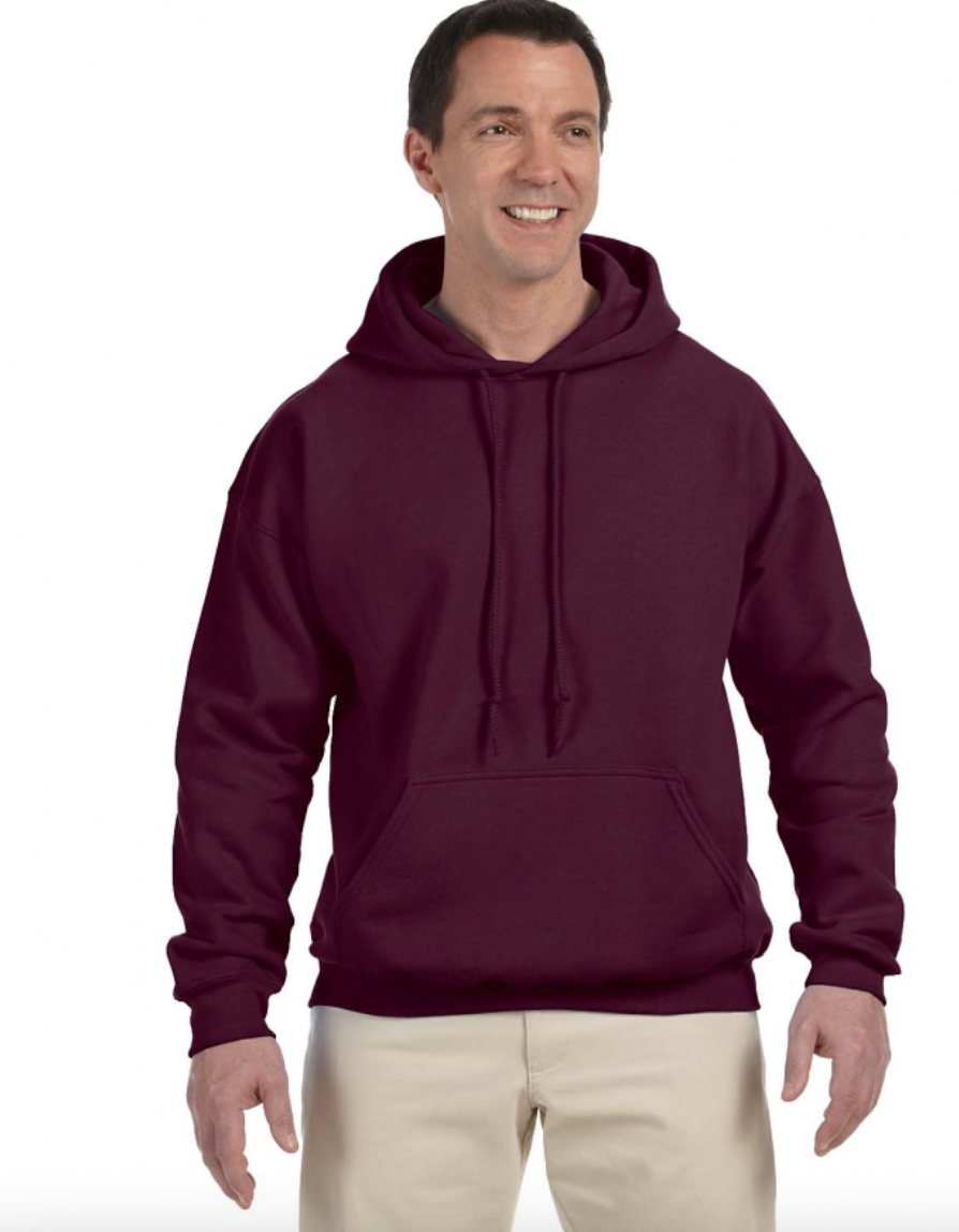 Man wearing a maroon hoodie on a white background