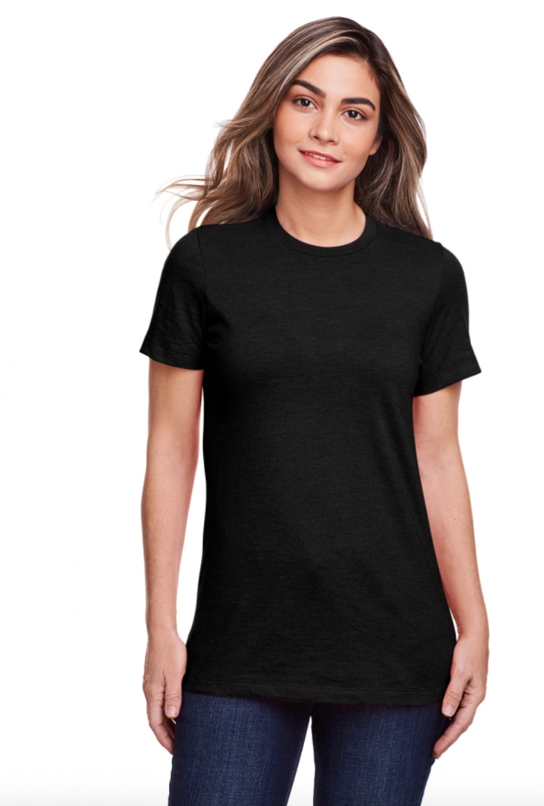 Woman wearing a black t-shirt on a white background