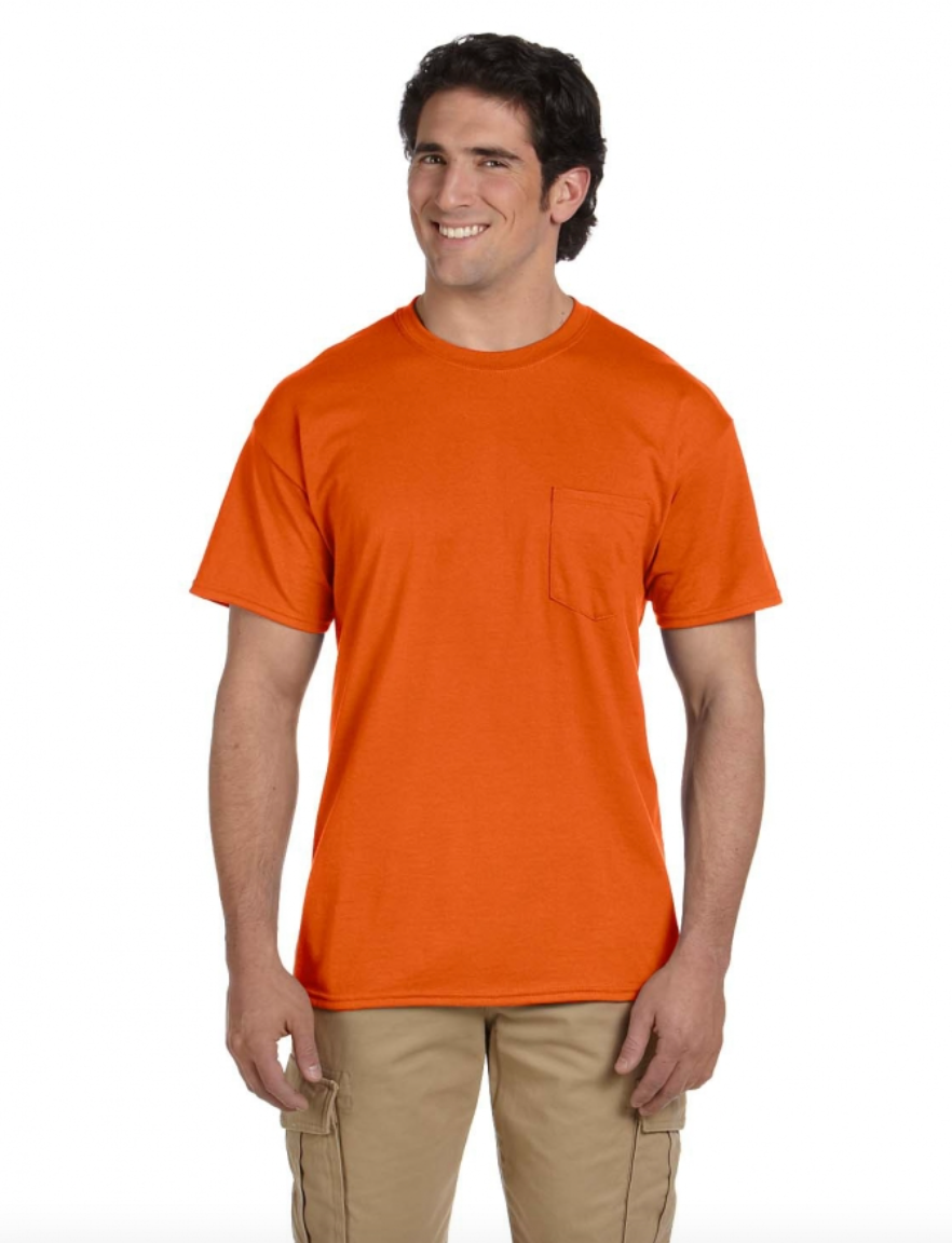 Man wearing an orange t-shirt with a pocket on a white background