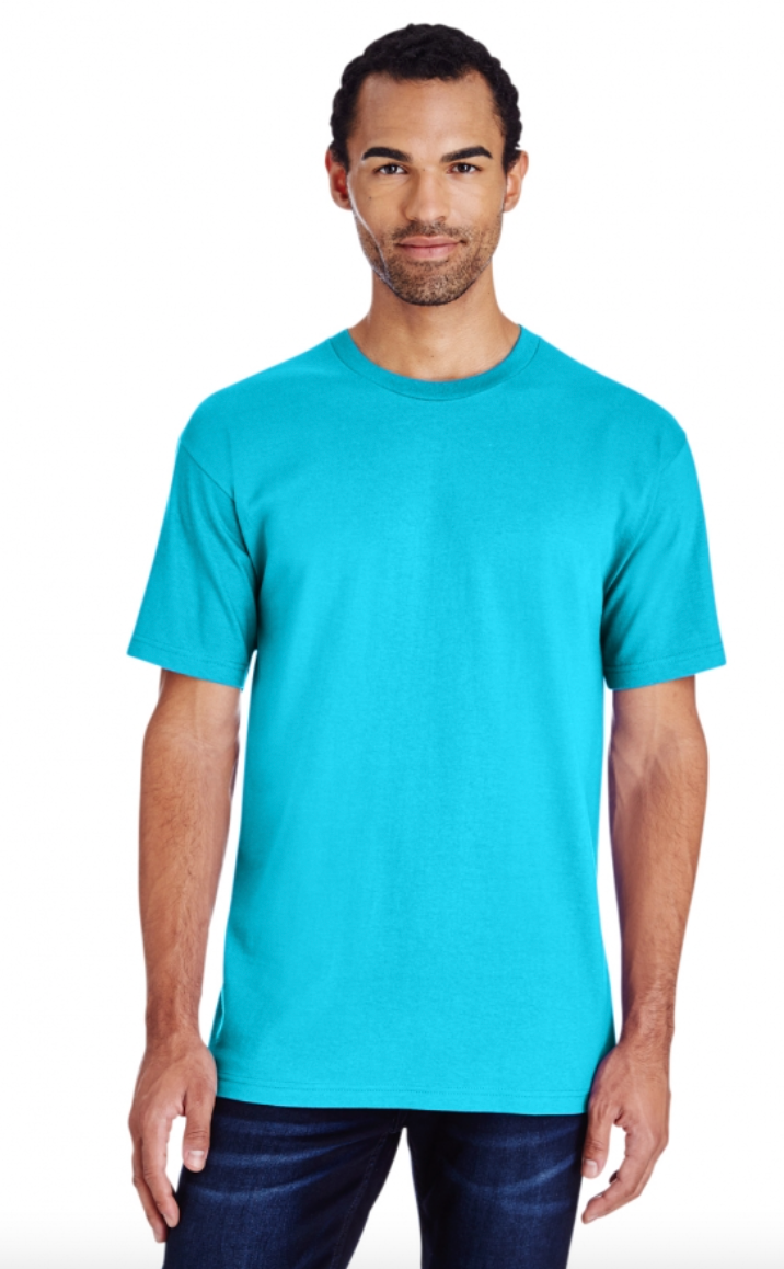 Man wearing a turquoise t-shirt on a white background