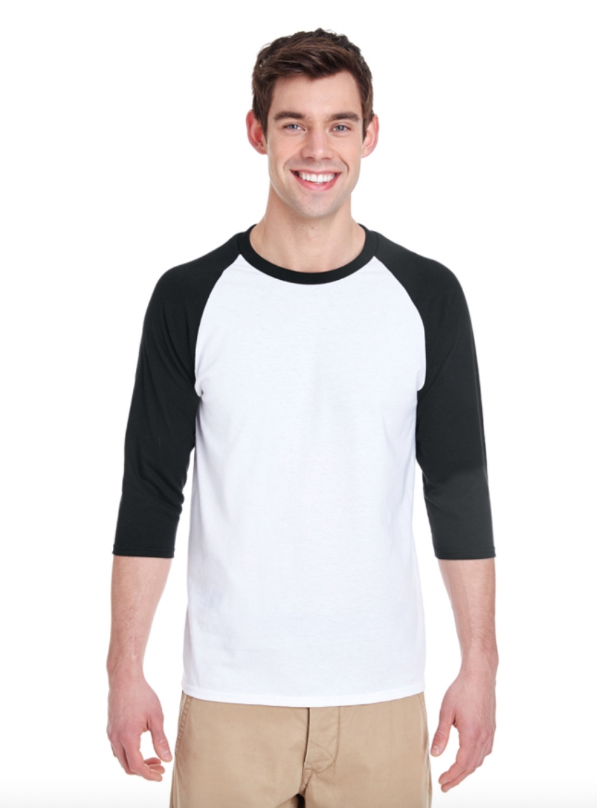 Man wearing a black and white baseball shirt on a white background