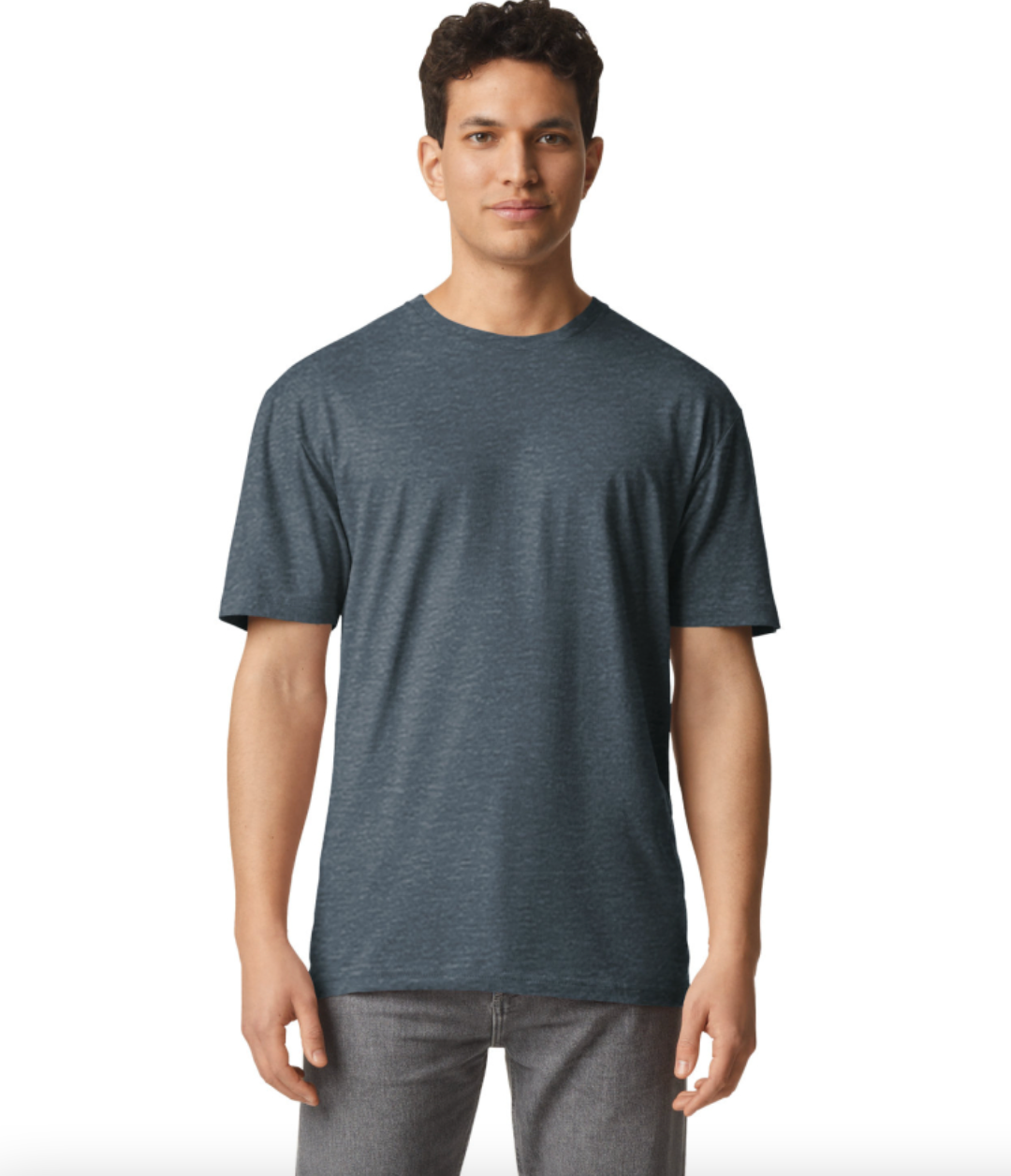 Man wearing a blue t-shirt on a white background