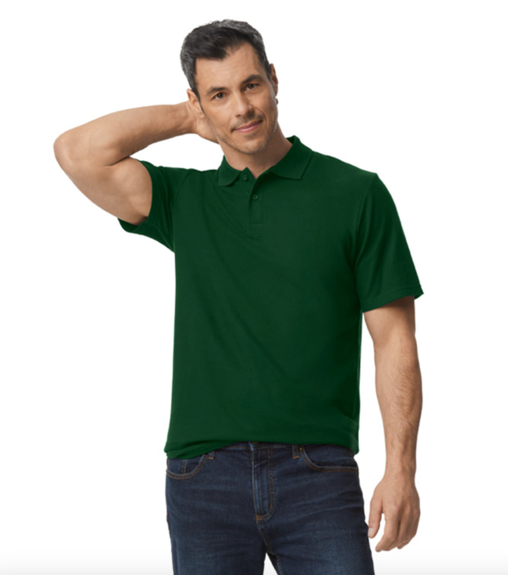 Man wearing a green polo shirt and blue jeans on a white background