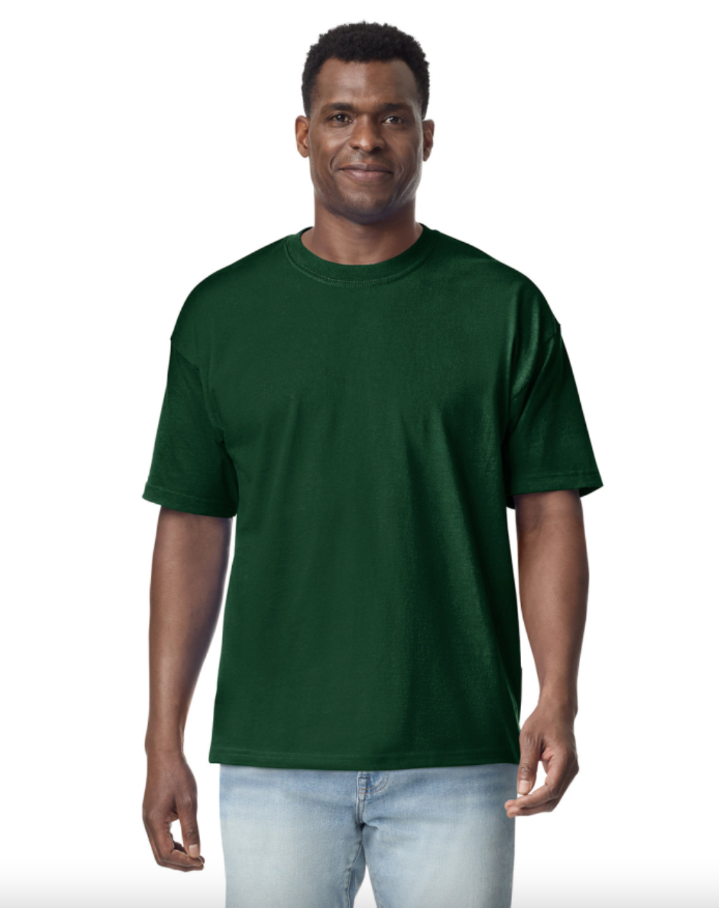 Man wearing a green t-shirt on a white background