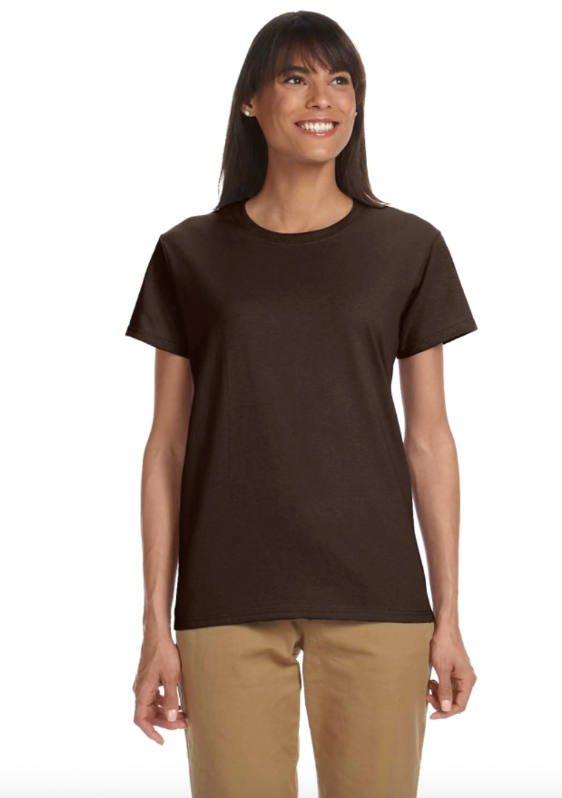 Woman wearing a brown t-shirt on a white background