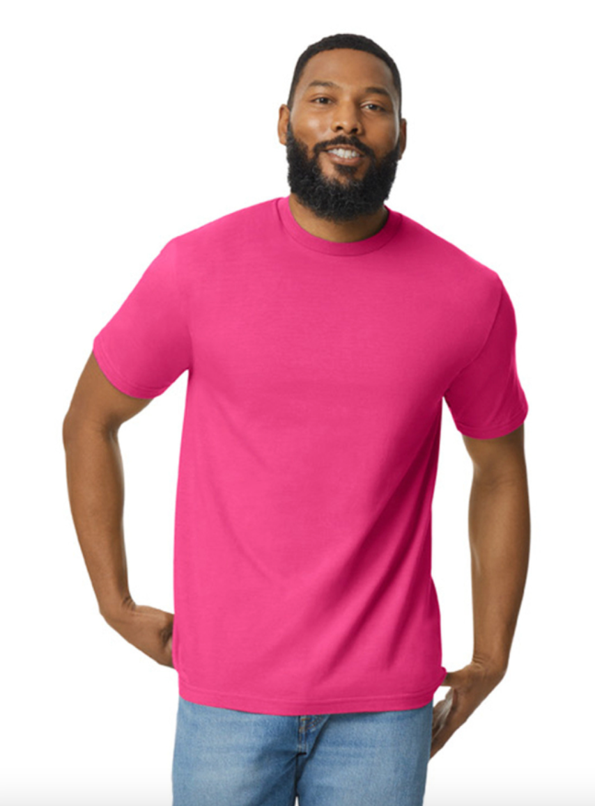 Man wearing a bright pink t-shirt on a white background