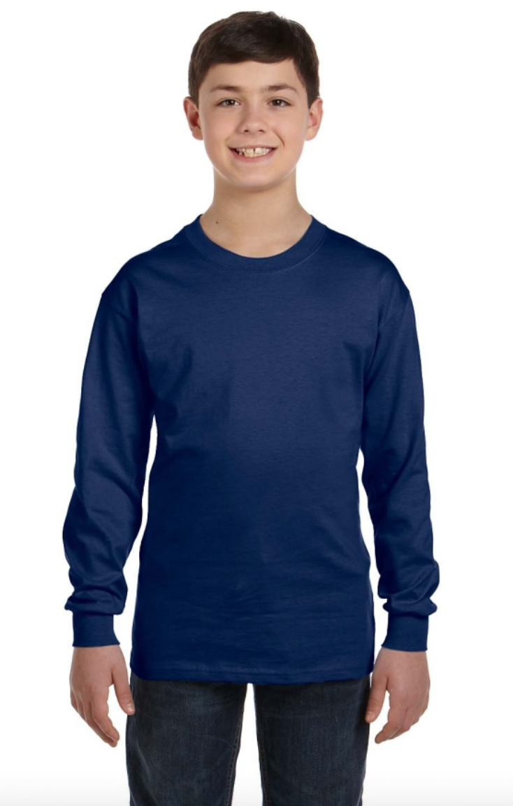 Person wearing a navy blue long-sleeve shirt on a white background