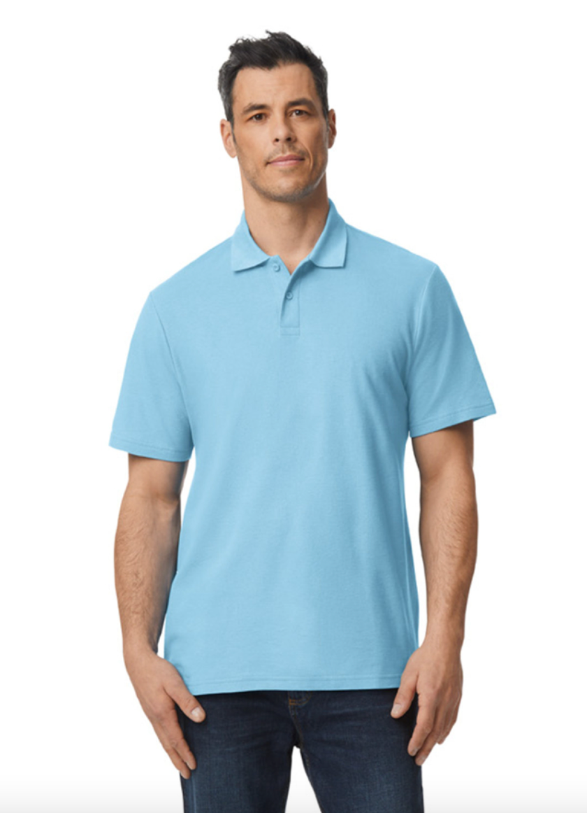 Man wearing a light blue polo shirt on a white background