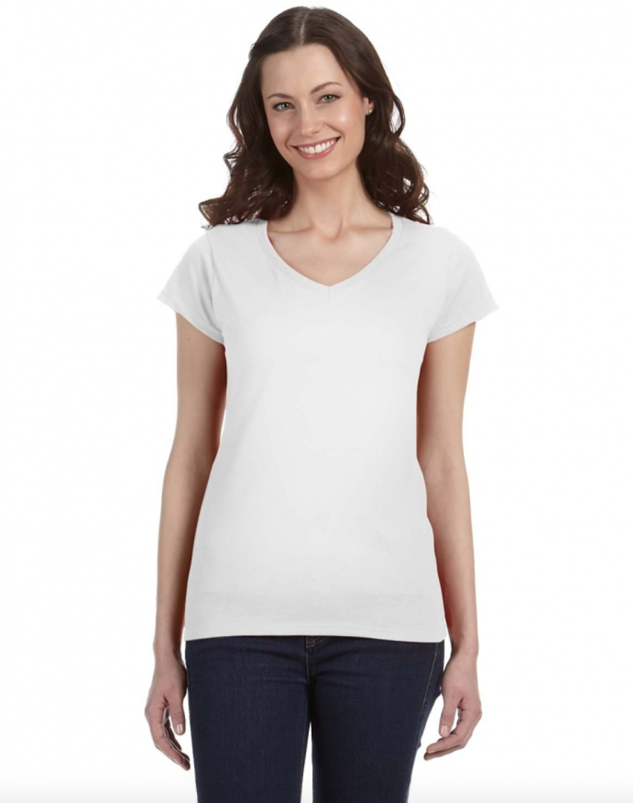 Woman wearing a plain white t-shirt on a white background