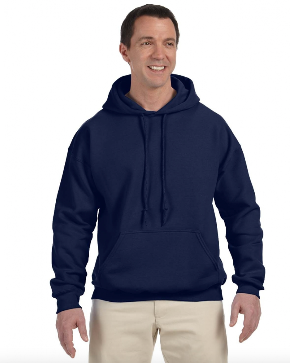 Man wearing a navy blue hoodie on a white background