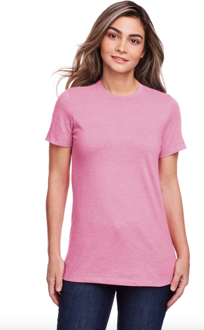 Woman wearing a pink t-shirt on a white background