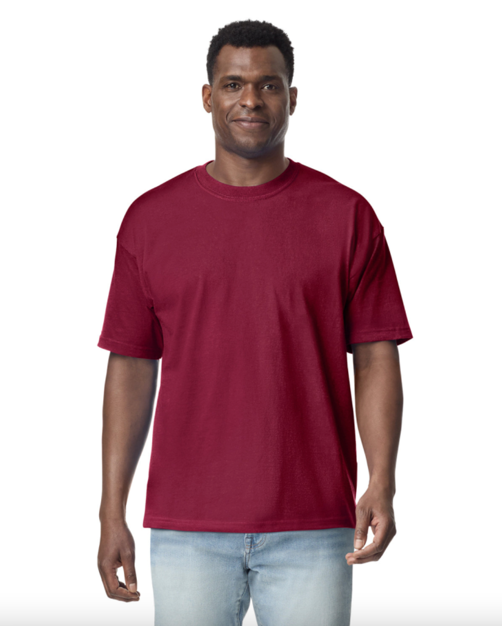 Man wearing a maroon t-shirt on a white background