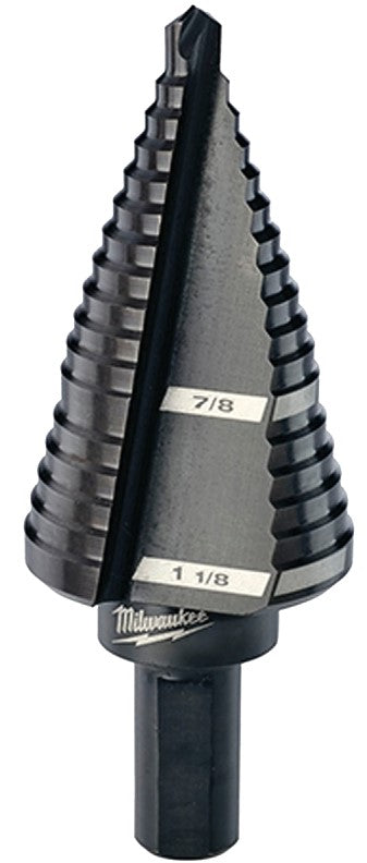 MILWAUKEE 48-89-9209 STEP DRILL BIT, 7/8 TO 1-1/8 IN DIA, 2-61/64 IN OAL, 2-FLUTE, 3/8 IN DIA SHANK, FLAT SHANK