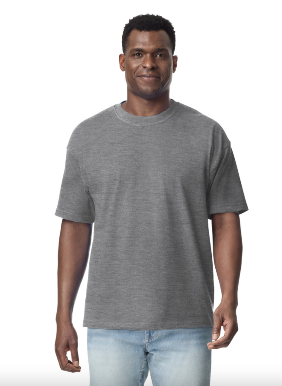 Man wearing a gray t-shirt on a white background