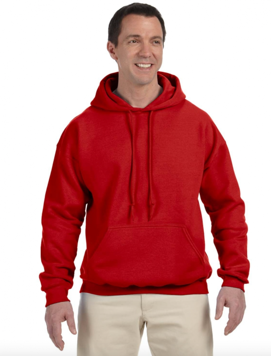 Man wearing a red hoodie on a white background