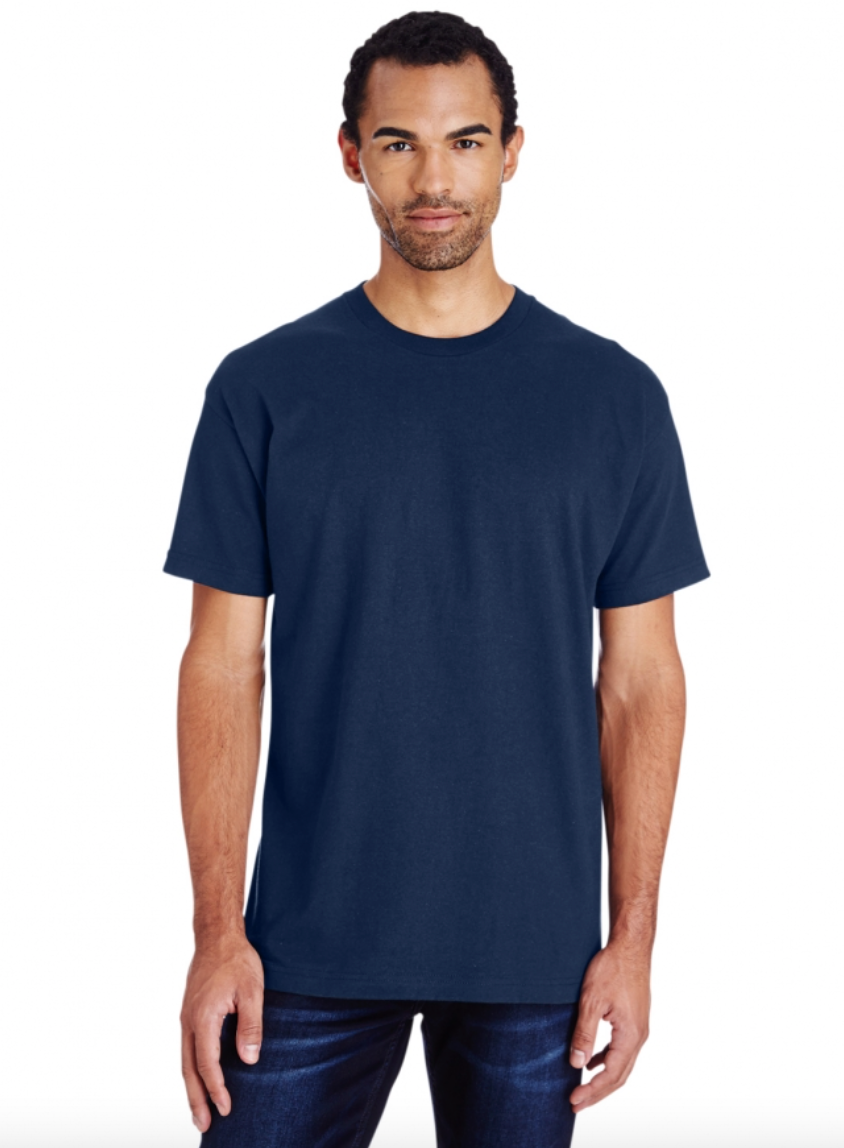 Man wearing a navy blue t-shirt on a white background