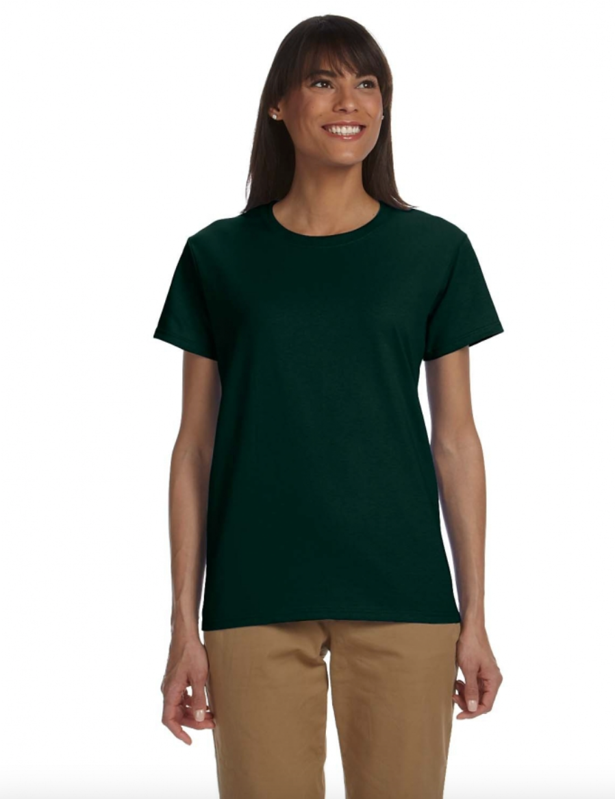 Woman wearing a dark green t-shirt and brown pants on a white background