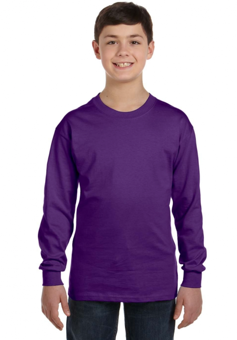 Person wearing a purple long-sleeve shirt on a white background