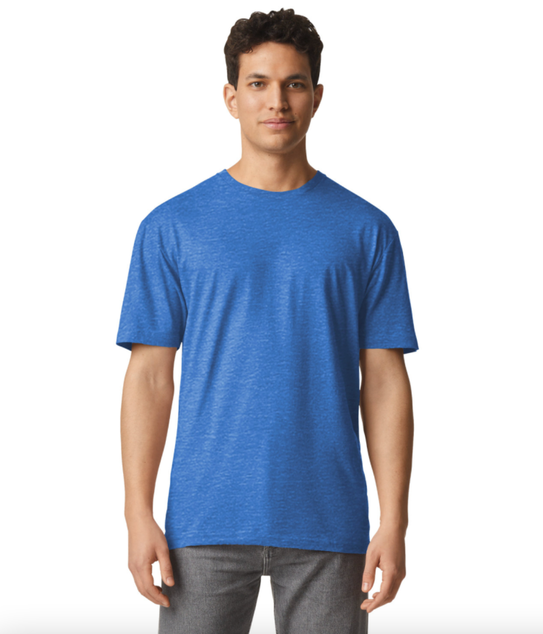 Man wearing a blue t-shirt on a white background