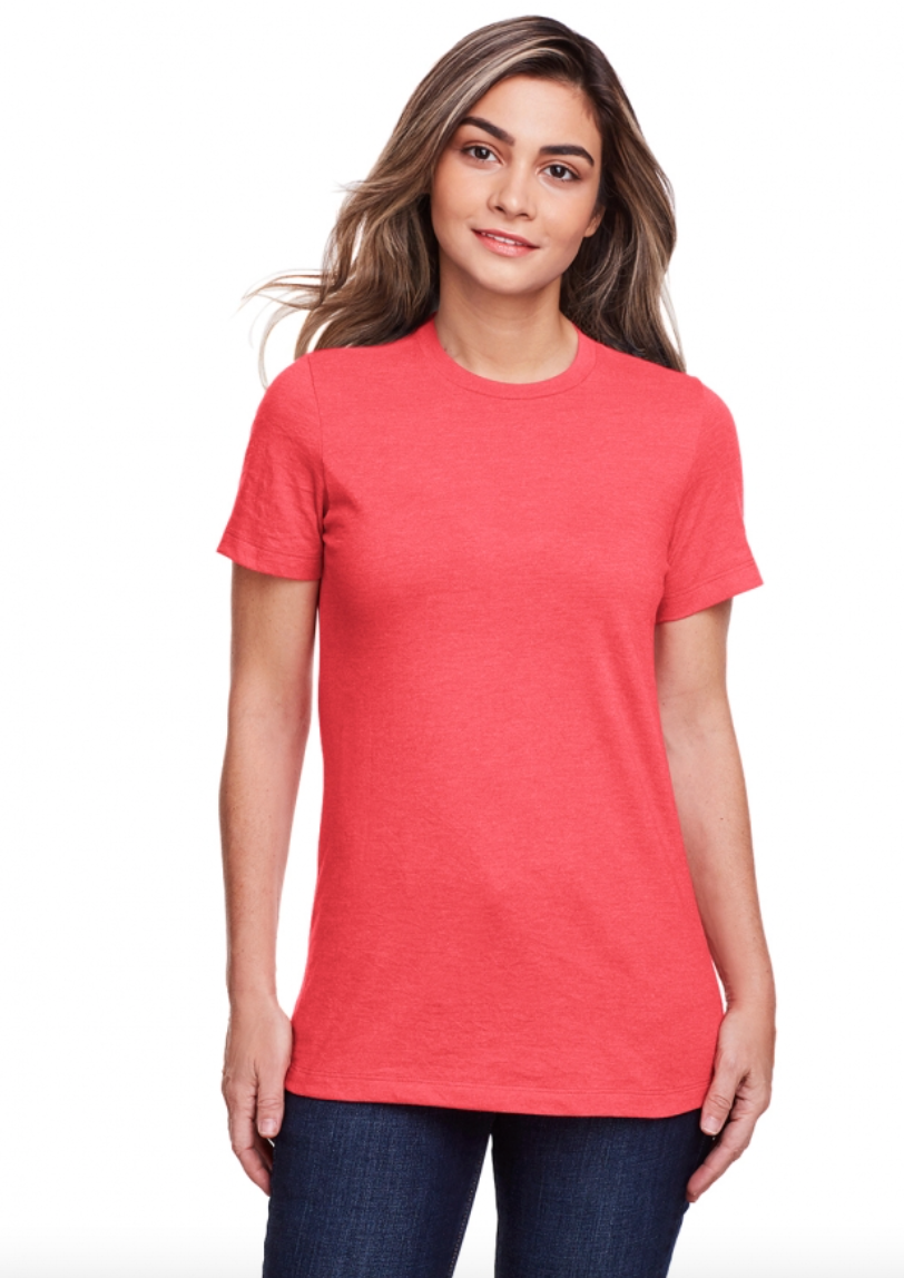 Woman wearing a red t-shirt on a white background