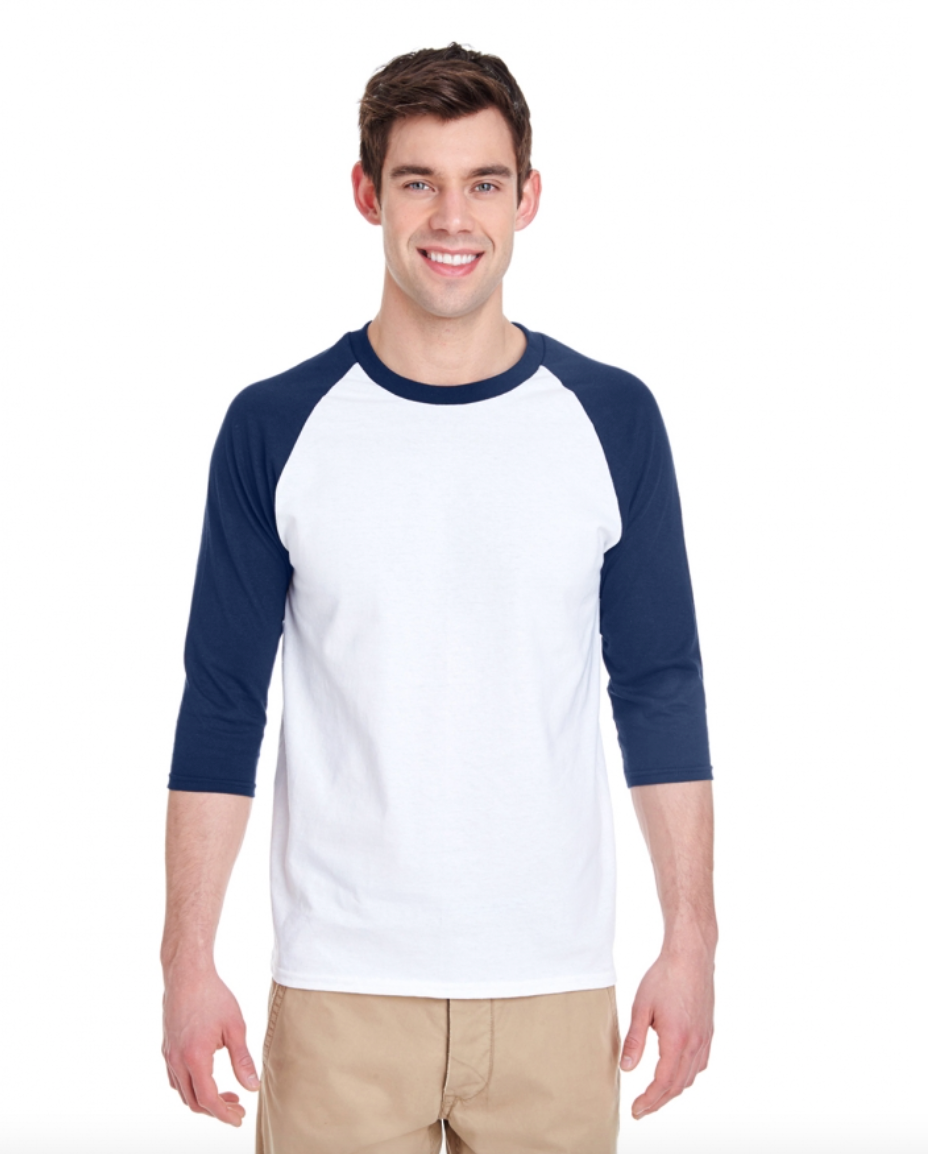 Man wearing a white baseball shirt with navy sleeves on a white background