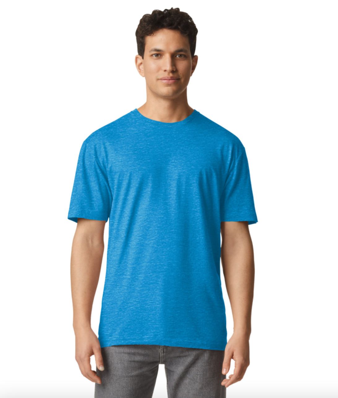 Man wearing a blue t-shirt on a white background