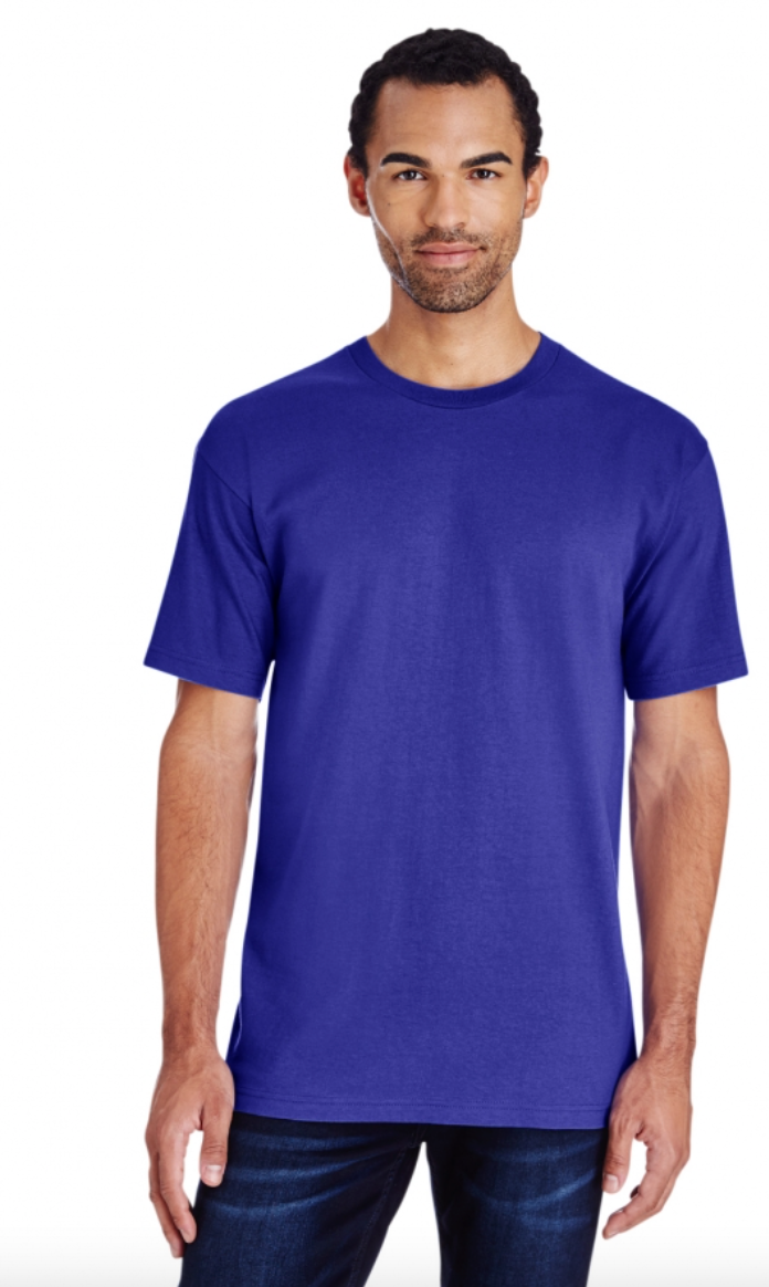 Man wearing a blue t-shirt on a white background
