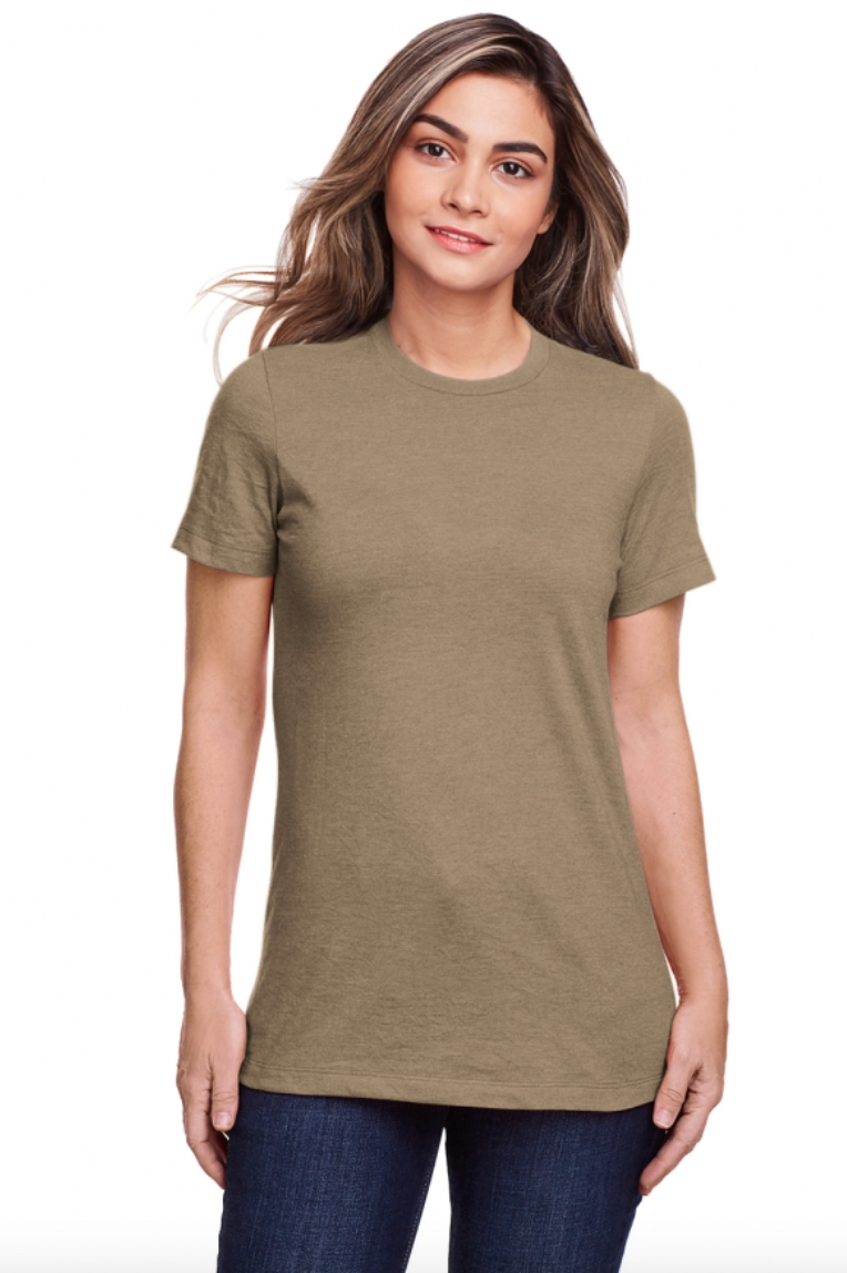 Woman wearing an olive green t-shirt on a white background