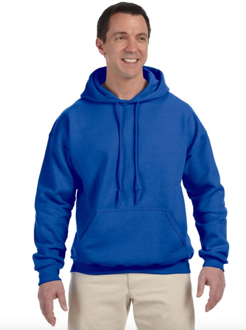 Man wearing a blue hoodie on a white background