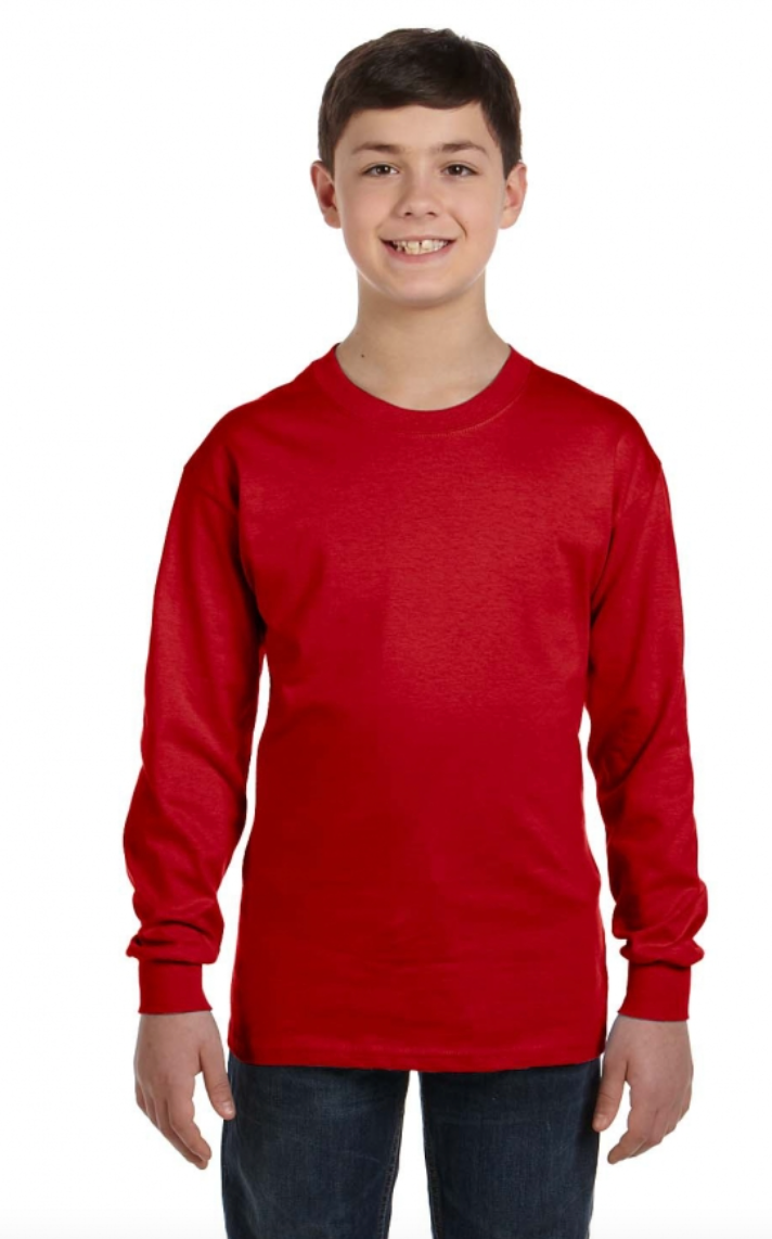 Young boy wearing a red long-sleeve shirt on a white background