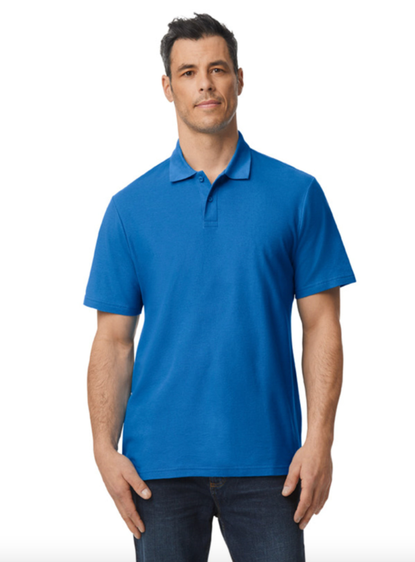 Man wearing a blue polo shirt on a white background