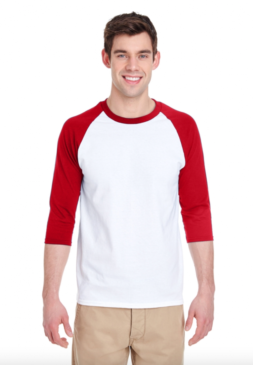 Man wearing a white baseball shirt with red sleeves on a white background