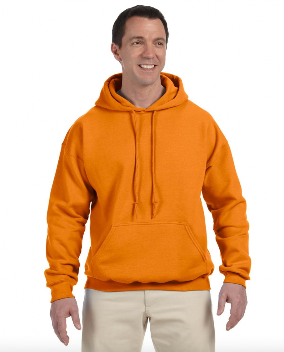 Man wearing an orange hoodie on a white background