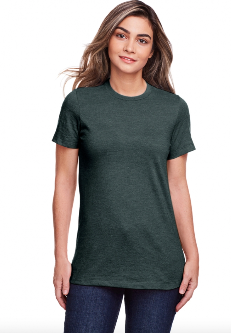 Woman wearing a dark green t-shirt on a white background
