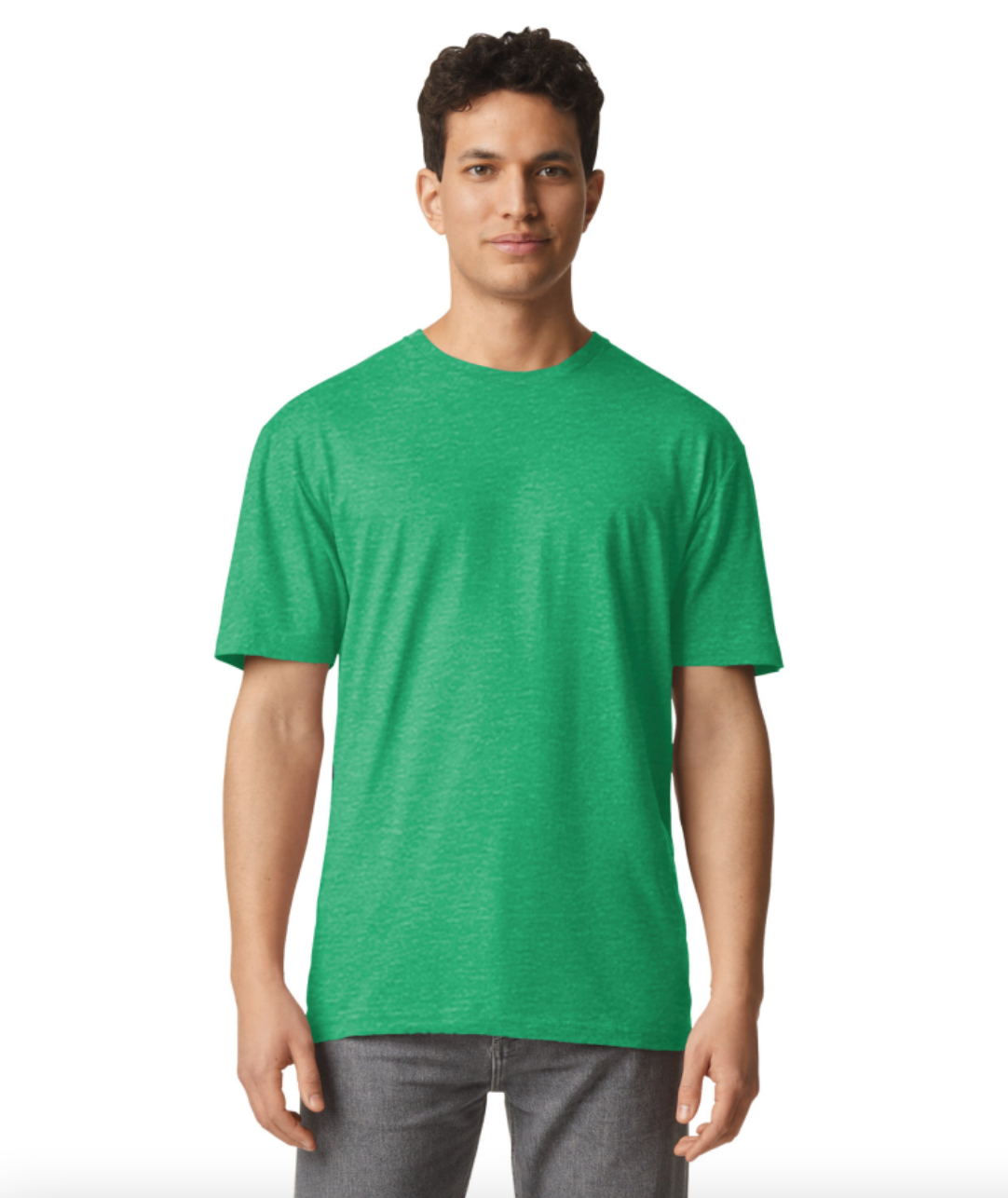 Man wearing a green t-shirt on a white background