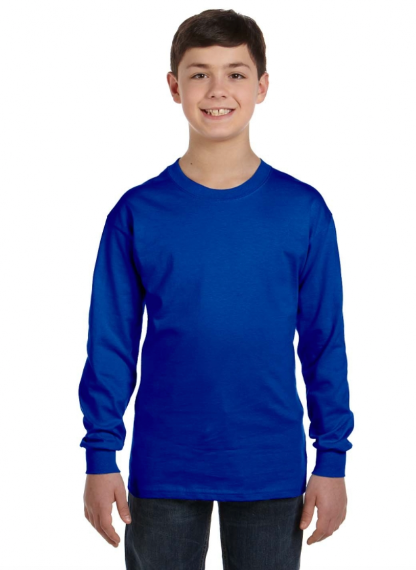 Child wearing a blue long-sleeve shirt on a white background