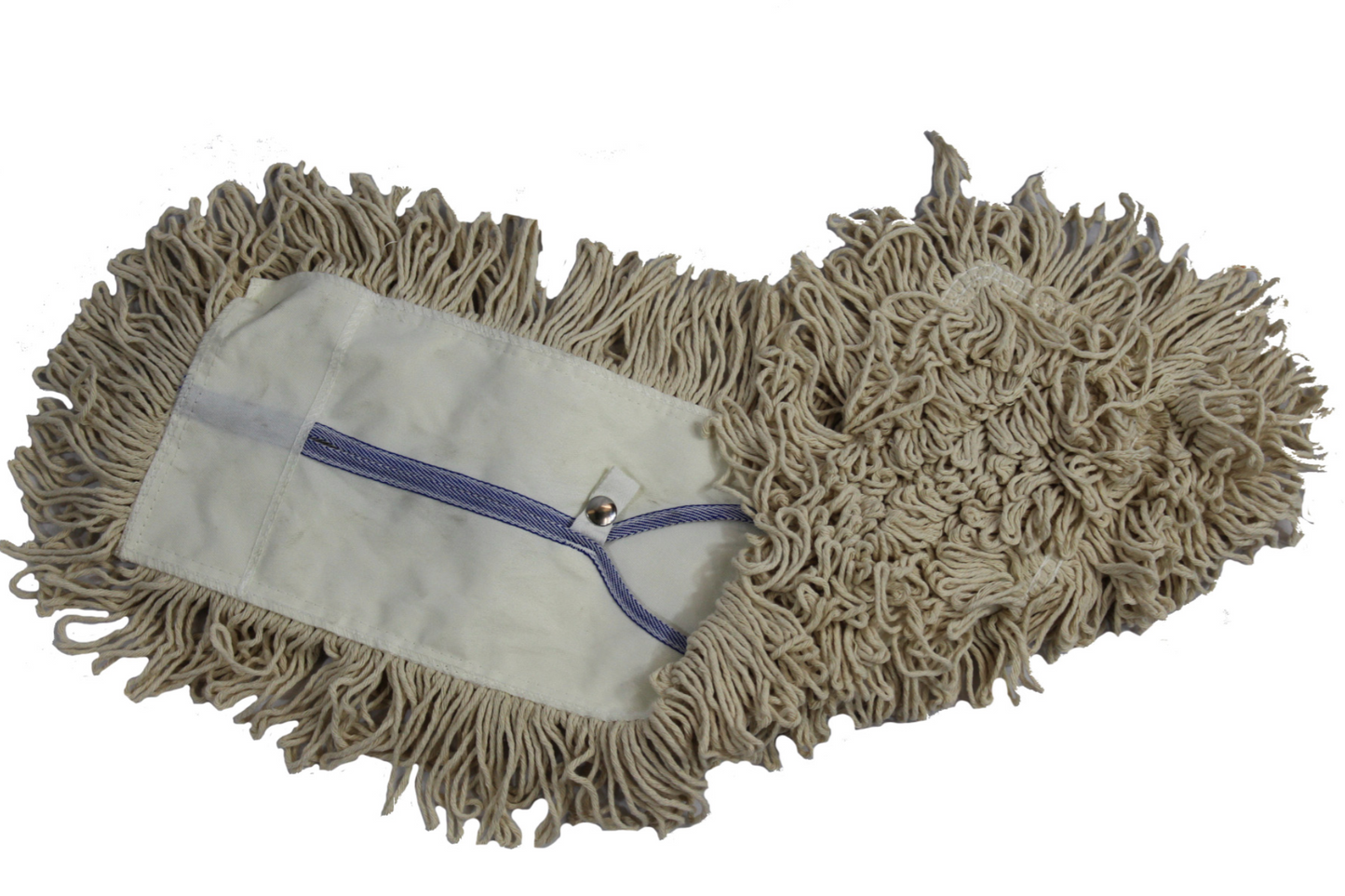 Dust mop head with a beige, thick yarn base, featuring long, looped strands designed to capture and hold dust and debris