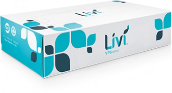 A rectangular box of Livi VPG Select facial tissues