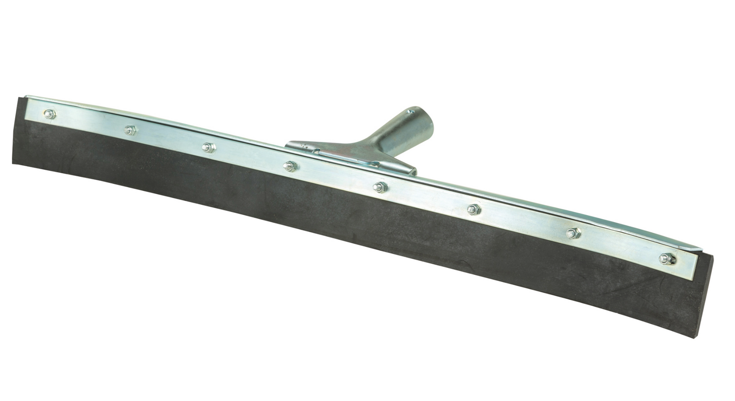 Floor squeegee with black rubber blade and metal handle on a white background