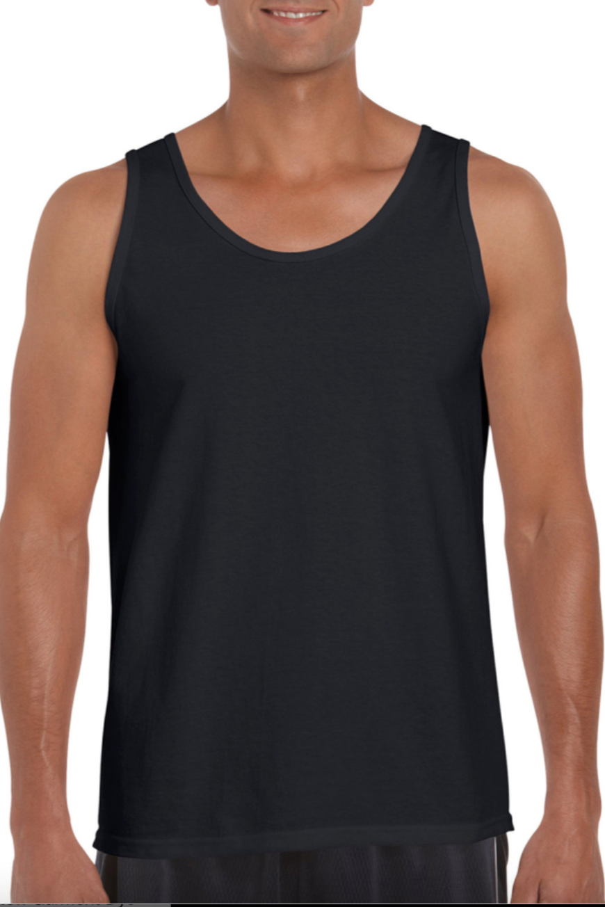 Black tank top worn by a person on a white background