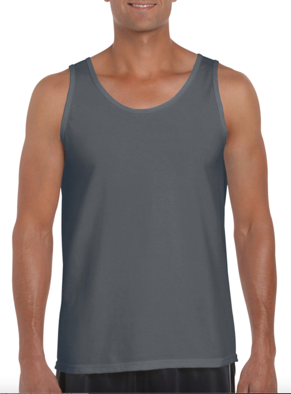 Man wearing a gray tank top on a white background
