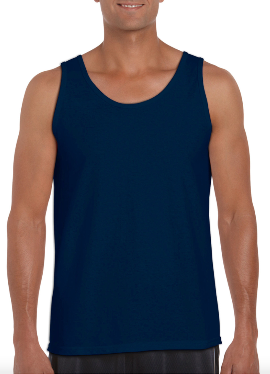 Man wearing a navy blue tank top on a white background