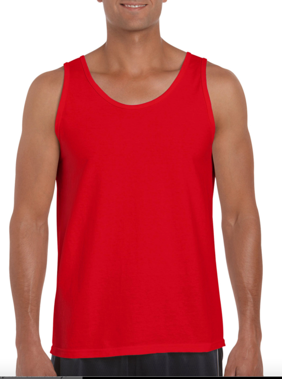 Red tank top worn by a person on a white background