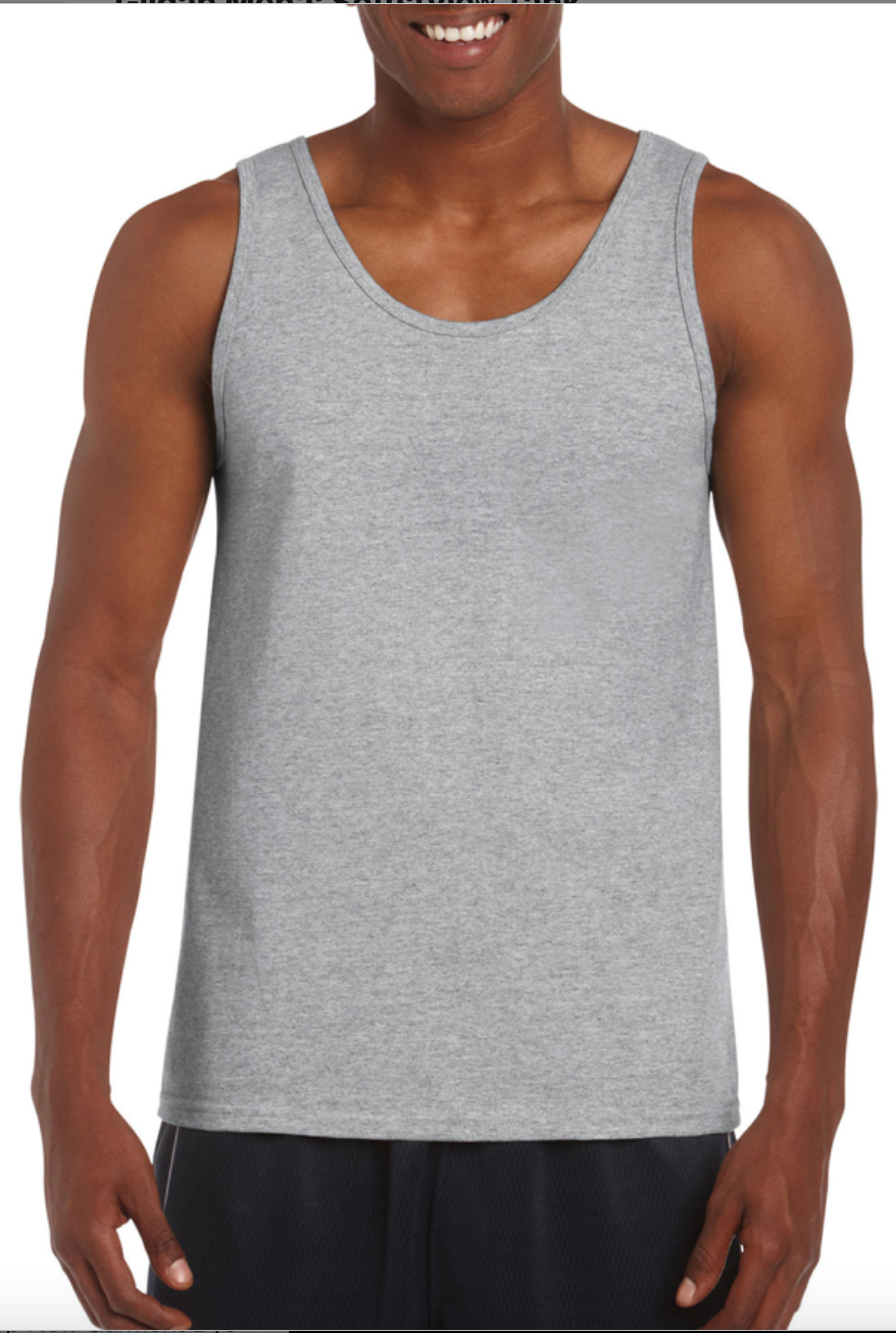 Person wearing a gray tank top against a white background