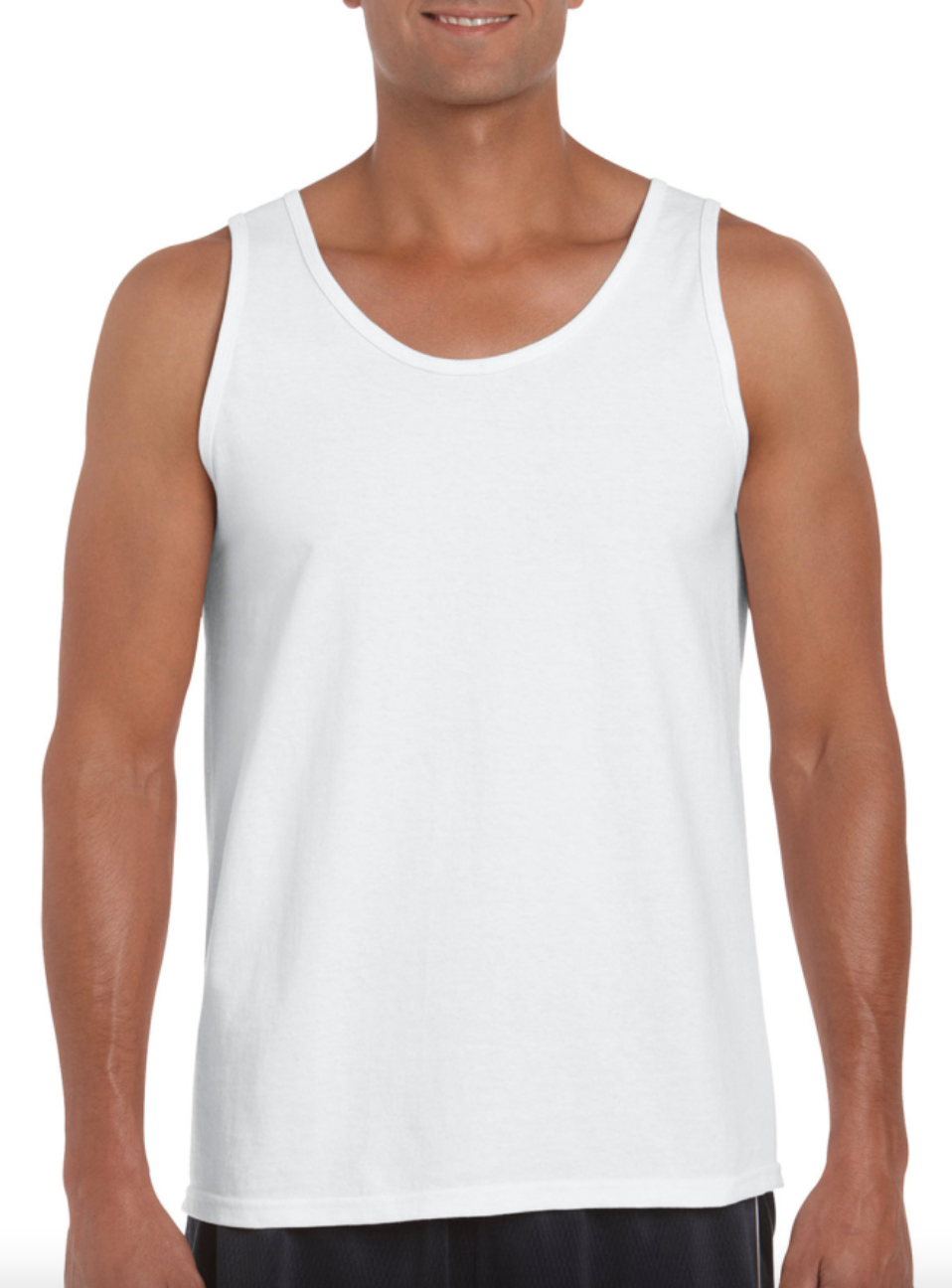 Man wearing a plain white tank top on a white background