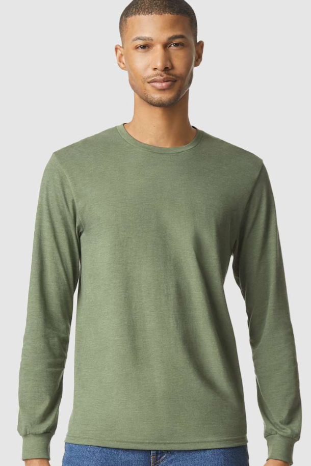 Man wearing a green long-sleeve shirt against a white background